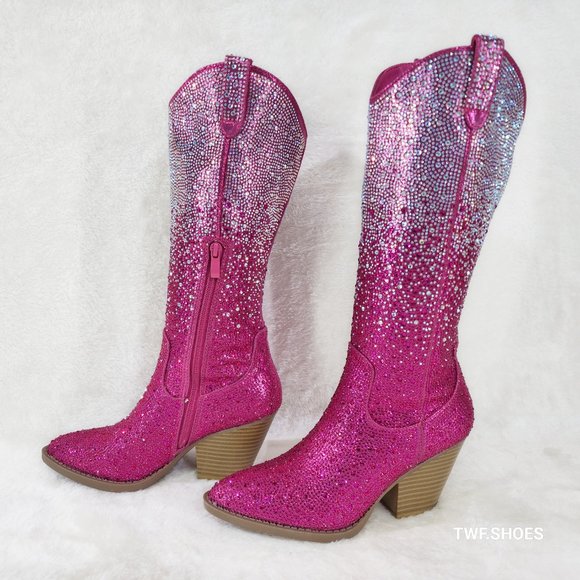 Wild Ones Fuchsia Ombre Rhinestone Western Cowgirl Knee Boots Hot Pink - Picture 8 of 17